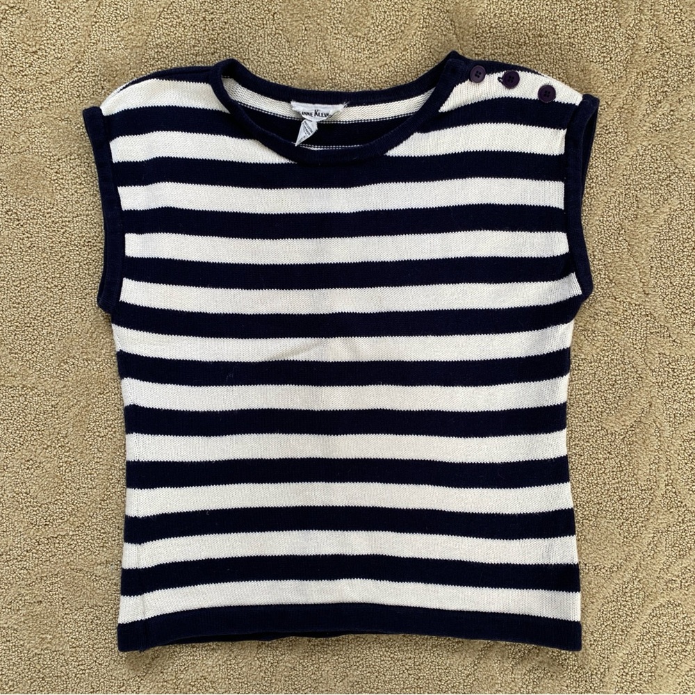 Anne Klein II Vintage Sleeveless Navy Blue White Striped Sweater Cotton Top Sz M